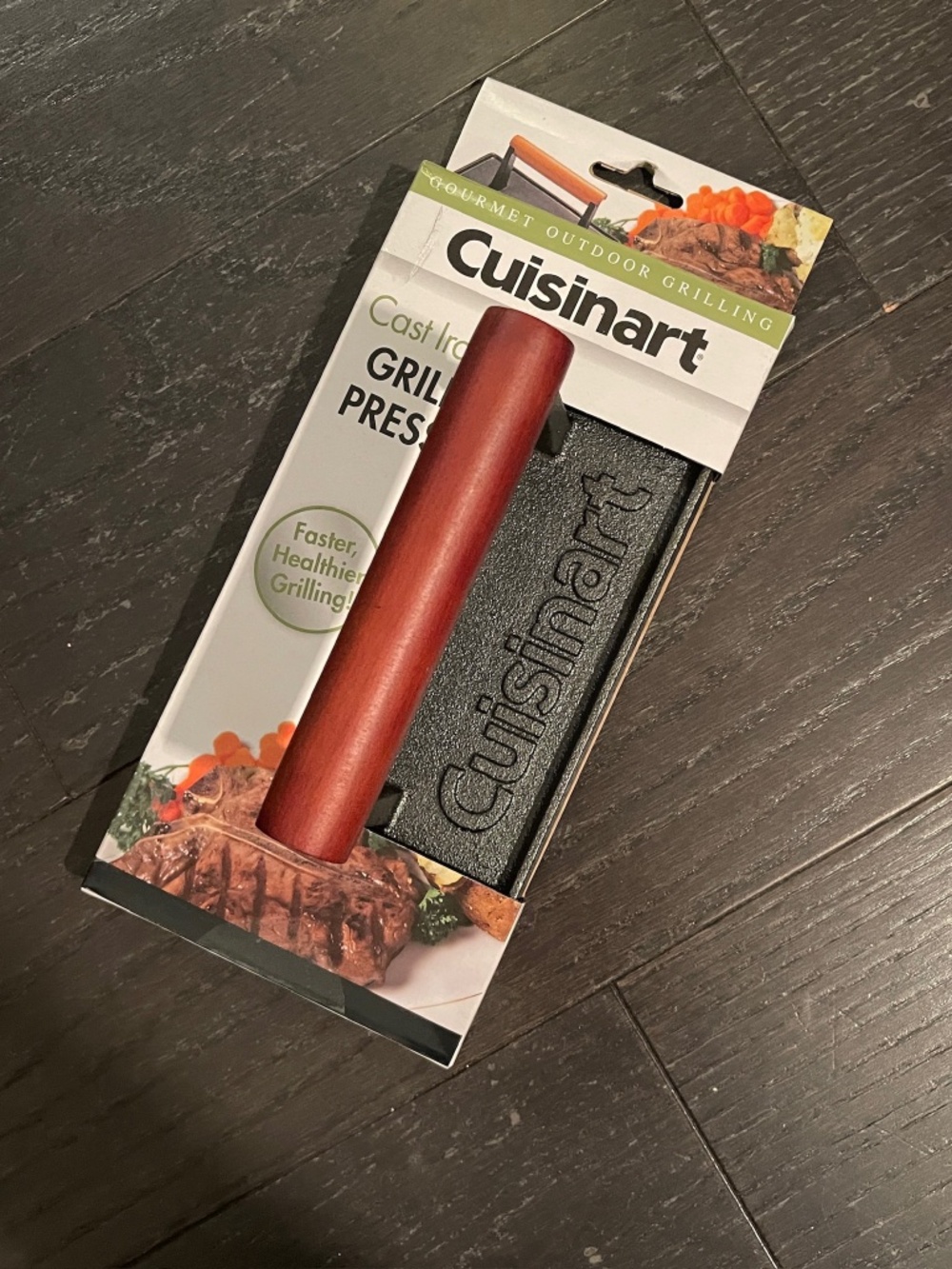 NEW in box Cuisinart Cast Iron Grill Press with Wood Handle 9"L X 3.5"W X4.25''H